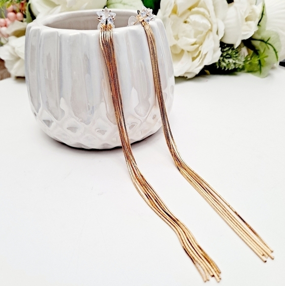 💖 2/$30 Shooting Star rhinestone boho stud long gold tone tassel drop earrings - Picture 17 of 17